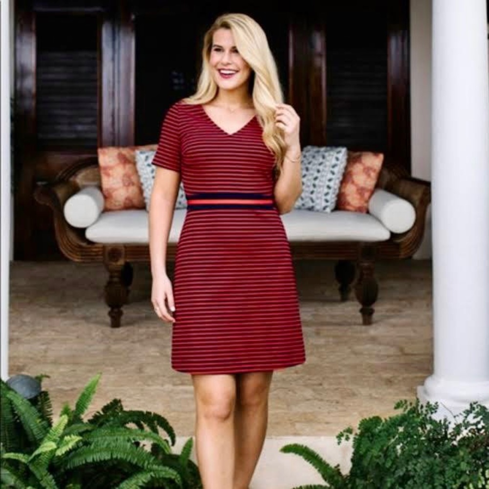 Draper James Stripe Ponte Knit A Line Dress, Nassau Navy/Red, Small